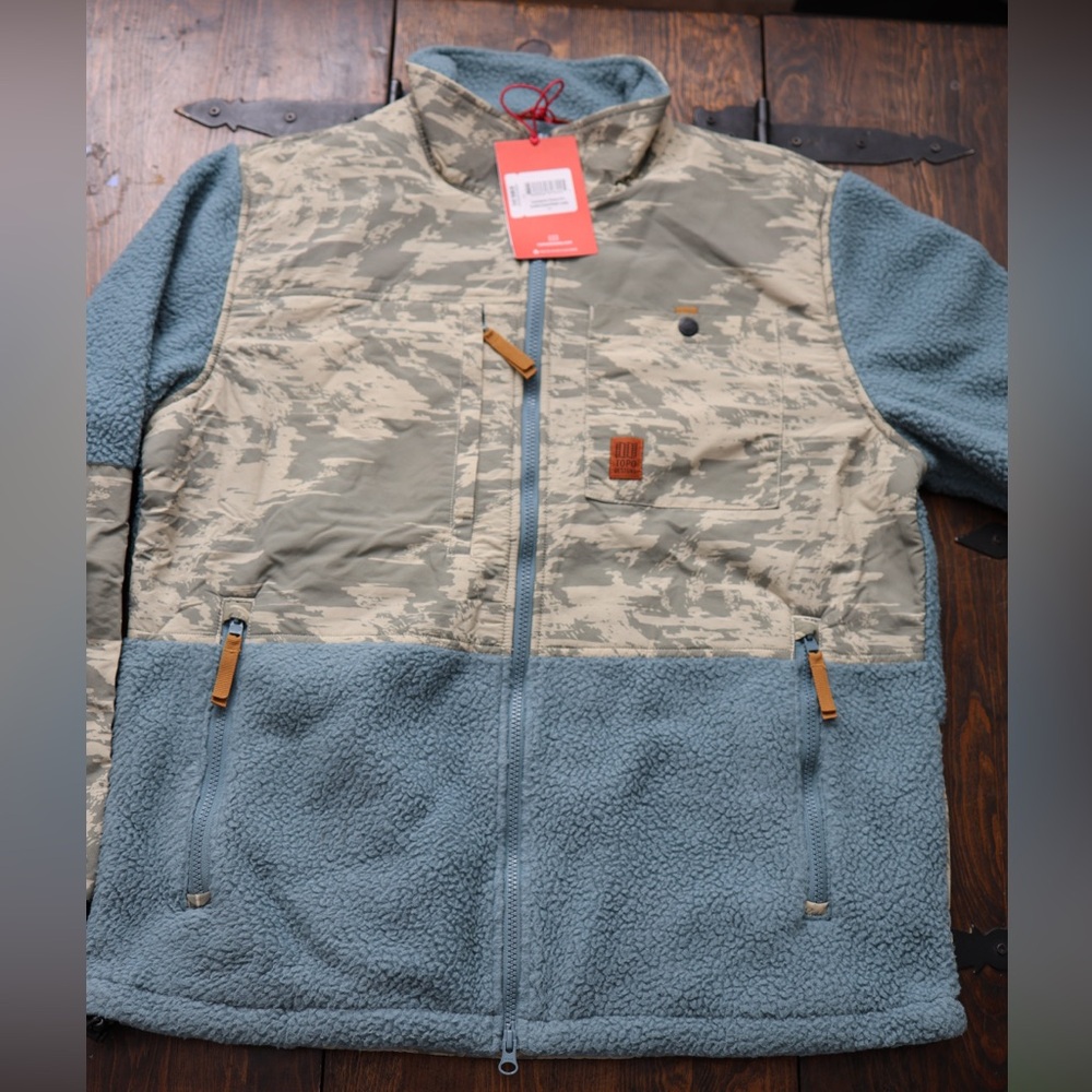 Topo Designs Blue and Tan Fleece Zip Jacket